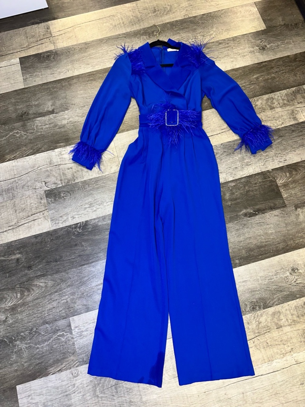 Rissini Star Blue Feather Trim Jumpsuit Belted Wide Leg Size 38